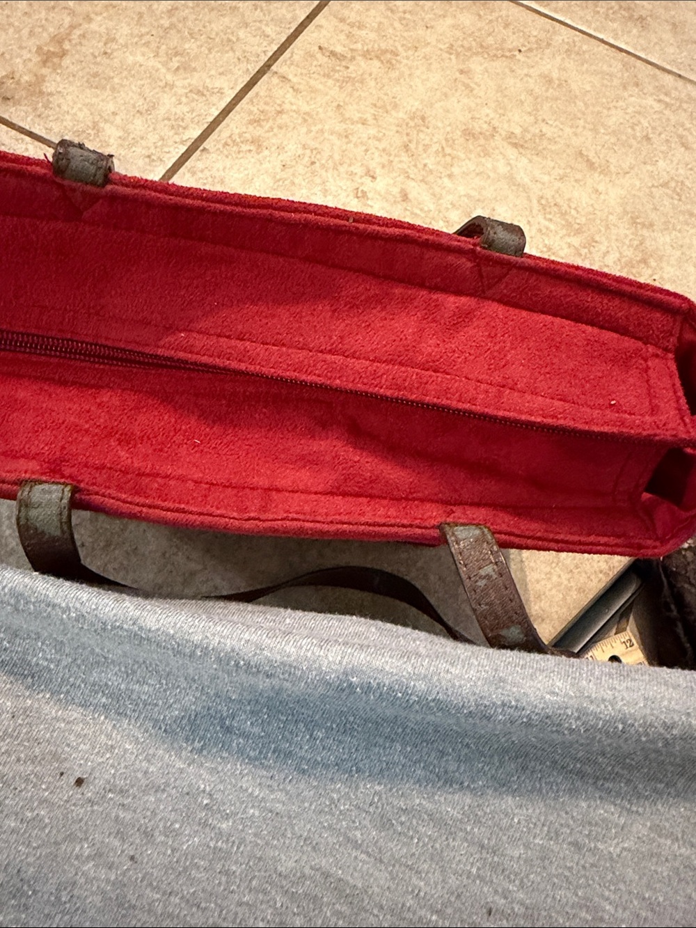 Red Embroidered Floral Tote Bag with Brown Straps - Picture 8 of 9